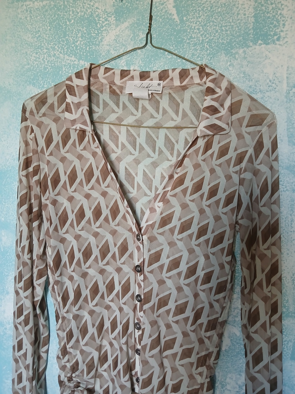 Anthropologie-Inspired Taupe Geometric Button-Front Blouse